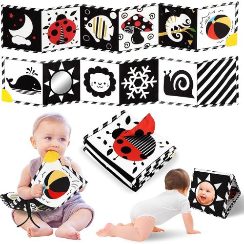 Newborn Toys, High Contrast Baby Books with Teether, Black and White Baby Toys, Montessori Toys 0-6-12 Months Brain Development, Sensory Learning Activities Gift, Tummy Time Toys - Colorful Baby Books