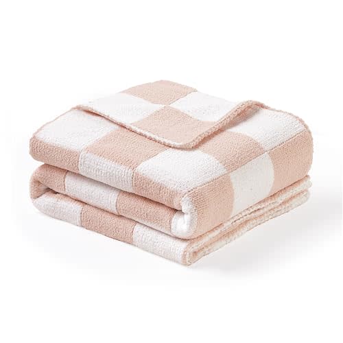 CREVENT 30"X40" Cozy Soft Warm Chenille Baby Blanket for Girls Boys, Newborn Essentials for Infant, Baby Shower Receiving Gift - Checked Pink 75X100cm