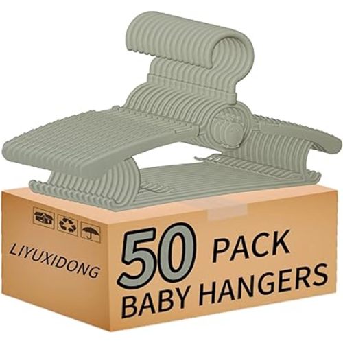 Baby Nursery Closet Hangers, 360° Swivel Hook Kids Hangers, Infant Non-Slip Plastic Hanger, 50pcs Grey 11-14.5" Adjustable Baby Clothe Hanger for Girl Boy Toddler Child Hangers