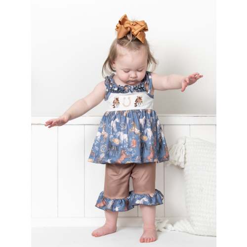 Steel Blue Horse Embroidered Ruffle Outfit