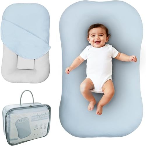 Aila + Aiden Baby Lounger | Organic Cotton Infant Lounger | Adjustable & Portable Floor Lounger | Supervised Use | Soft, Breathable, Washable Cover - Snuggle Collection - (Blue)