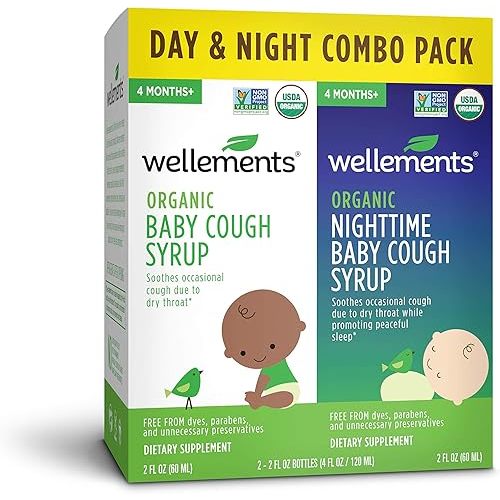 Wellements Organic Baby Cough Syrup Day & Night Value Combo Pack | Daytime & Nighttime Baby Cough Relief, Calms Dry Throats * USDA Organic | (2) 2 Fl Oz. Bottles, 4 Months+