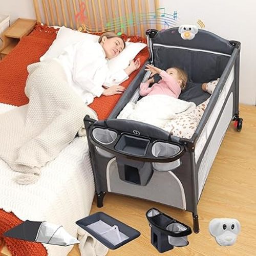 5 in 1 Baby Bassinet Bedside Sleeper, Portable Baby Playard with Mattress, Diaper Changing Table and Music Vibration, Pack and Play Baby Crib from Newborn to Toddlers(Grey)