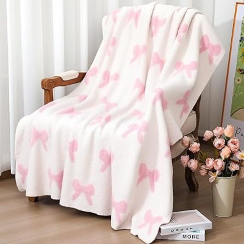 Pink Bow Blanket 50 x 60 Inch Coquette Blanket Soft Preppy Throw Flannel Cozy Lightweight Aesthetic Cute Decoration Bedroom Decor Couch Sofa Chair, Ideal Gift for Sofa Couch Travel Bed