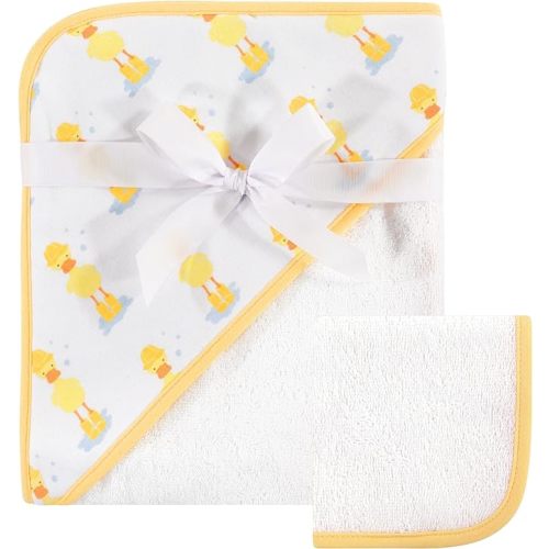 Hudson Baby Unisex Baby Cotton Hooded Towel and Washcloth, Duck, One Size