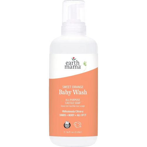 Earth Mama Sweet Orange Baby Wash Liquid Hand Soap Refill, Organic Body Wash for Sensitive Skin, All Purpose Castile Soap Liquid with Coconut Oil, Shea Butter, Calendula & Aloe, 34 fl oz