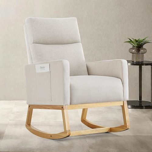 Rocking Chair Nursery, Modern Upholstered Glider Rocker Chairs with Wood Legs and Side Pockets Comfy High Back Nursing Armchair for Small Spaces Indoor Living Room Bedroom Ivory