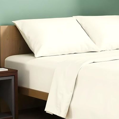 TEXAS LINEN CO. 100% Organic Cotton Percale Sheets Queen Size - 4 PC Ivory Organic Sheets Queen Set, Soft, Crisp & Cooling, Fully Elasticized 16" Deep Pocket Hotel Bedsheet Set - GOTS Certified