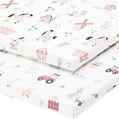 Travel Crib Fitted Sheets for Baby Bjorn, Guava Lotus Travel Crib and 24 x 42 Inch Travel Light Playard Mattress – Snuggly Soft 100% Jersey Cotton – Farm Animals – 2 Pack