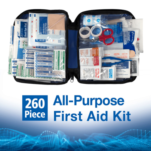 First Aid Only All-Purpose Emergency First Aid Kit for Home, Work and Travel, 260 Pieces, Actual Size of Kit, 9.25” L x 2.88” W x 7” H.