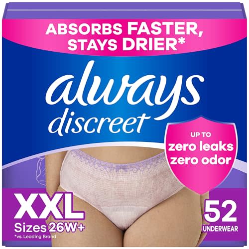 Always Discreet Adult Incontinence Underwear for Women and Postpartum Underwear, XXL, Up to 100% Bladder Leak Protection, 52 Count (Packaging May Vary)