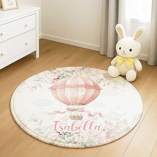 Naseagleeye Personalized Nursery Baby Rug with Name, Hot Air Balloon Round Floor Rug for Girls, Soft Crawling Mat for Nursery Bedroom Decor