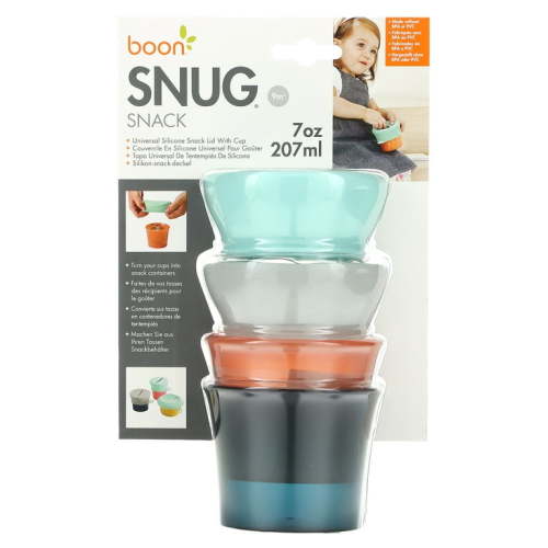 Boon Snug Snack, Universal Silicone Snack Lid with Cup, 9m+, 2 Cups & 2 Lids, 7 oz (207 ml) Each
