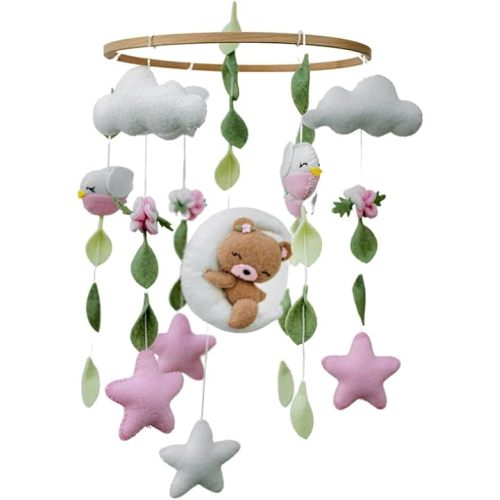 Girl Teddy Bear Mobile for Crib, Felt Ball Mobile Bear Crib Mobile Pink Bear Baby Shower, Gift Baby Nursery Decor Kids Mobile, Bear Stars Bird Mobile