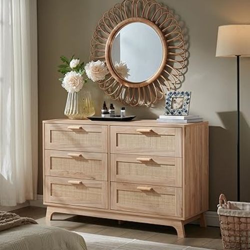 Okvnbjk 6 Drawer Dresser for Bedroom, Rattan Dressers & chests of Drawers with Wood Handles, Boho Chest of Drawers for Bedroom, Living Room and Entryway, Oak