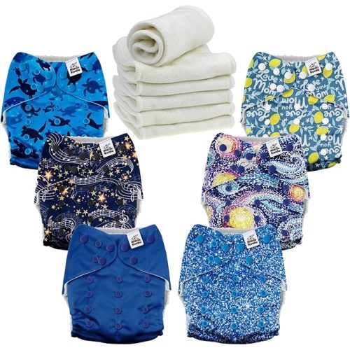 Mama Koala 6 Pack Reusable Cloth Diapers for Babies Girls Newborn, One-Size Adjustable Baby Diaper, Durable Stitching, Back Opening for Inserts, Breathable Awj Lining, Leak Prevention-Dreamy Sky