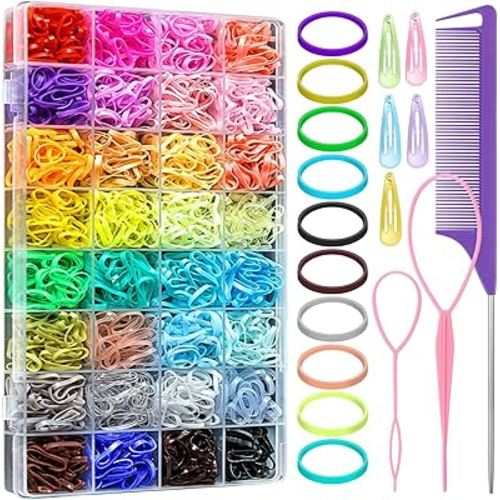 32 Colors Rubber Bands for Hair 2000 Pieces Small Elastic Baby Hair Ties with 8 Hair Styling Tools Mini Hair Accessories for Girls Baby Toddlers