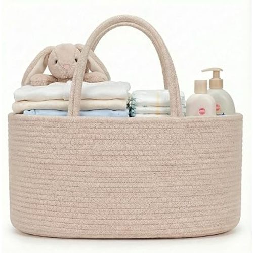 luxury little Diaper Caddy Organizer, Large Cotton Rope Nursery Baby Basket, Changing Table Organizer for Baby Diaper Storage, Portable Car Organizer Removable Divider (Oatmeal, Large)