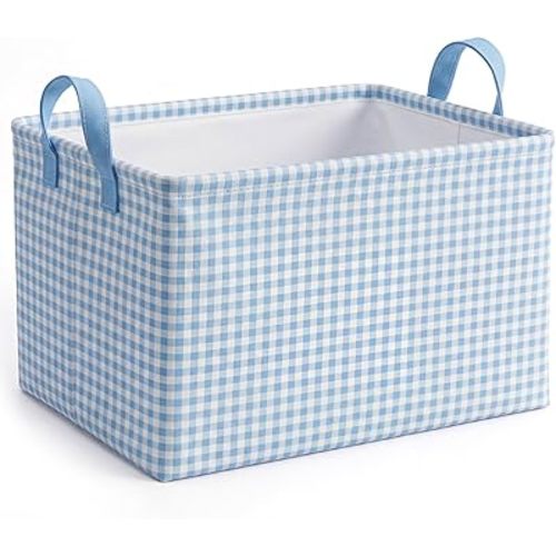 Hushee Gingham Basket Checkered Storage Basket Collapsible Rectangular Bin with Handles for Home Office Bathroom Bedroom Pet Toy Storage Modern Farmhouse Gingham Classroom Decor(Blue)
