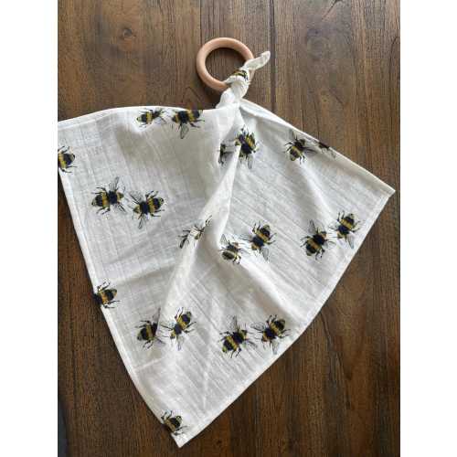 GOTS Organic muslin cotton lovey with wood ring bee print