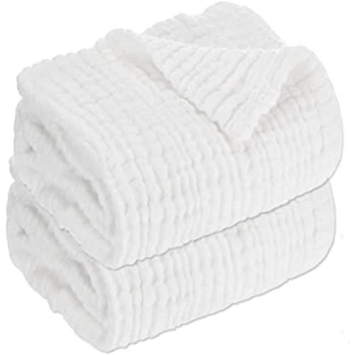 Aablexema Baby Muslin Bath Towels - Set of 2 Large Size 43X43 Inches Swaddle Blanket for Newborn Toddlers Boys Girls (White)