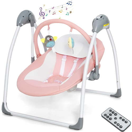INFANS Baby Swing for Infants, Compact Portable Baby Electric Rocker Chair for Newborn with 5 Speed Natural Sway Music Timing 2 Toys Remote Control, 0-6 Months Boy Girl (Pink)