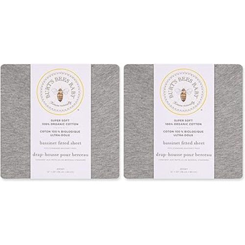 Burt's Bees Baby Bassinet Sheet, Fitted Unisex 100% Organic Jersey Cotton Bassinet Sheet for Standard Bassinet Mattress (Pack of 2)