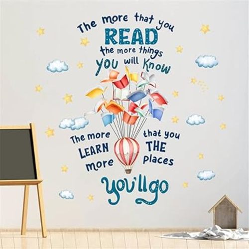 Reading Book Wall Decal,The More That You Read The More Things You Will Know Inspirational Quote Vinyl Wall Stickers, Removable Educational Reading Artwork for Classroom Office Library Decor