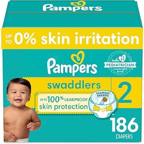 Pampers Swaddlers Diapers - Size 2, One Month Supply (186 Count), Ultra Soft Disposable Baby Diapers