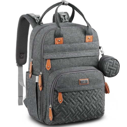 BabbleRoo Multi-functional Diaper Backpack, Large 26L Capacity Baby Bag w/ Changing Pad & Stroller Straps, Dark Gray