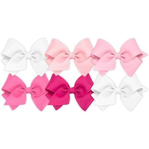 Wee Ones Girls' 6 Piece Set of Bows, Solid Grosgrain Variety Pack on a WeeStay No-Slip Hair Clip, Small, White, Light Pink, and More!