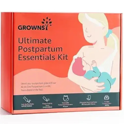 Grownsy 13pc Postpartum Essentials Recovery Kit | Postpartum Kit for Women | 8 Self-Absorbent Postpartum Disposable Underwear, 2 Ice Packs, Peri Bottle, Perineal Spray & 28 Cooling Pad Liners