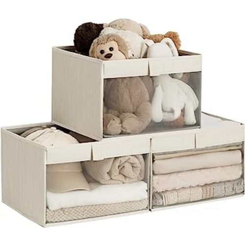 StorageWorks Closet Storage Bins with Clear Window and 2 Handles, Foldable Storage Baskets for Shelves, Large Fabric Organizer, Mixing of Beige, White & Ivory, 3 Pack