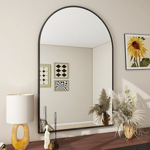 BEAUTYPEAK 24"x36" Arch Bathroom Mirror, Wall Mounted Vanity Metal Frame Mirror for Bedroom, Entryway, Living Room, Black