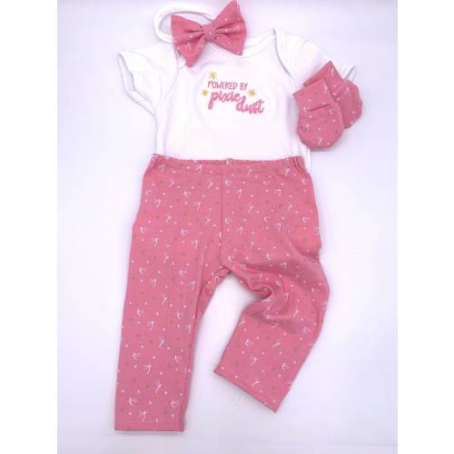 Delayed Ship Sale - Peter Pan Tinkerbell Pretty Rose Knit Fabric: Leggings & Headband with &quot;Powered by Pixie Dust&quot; Embroidered Bodysuit