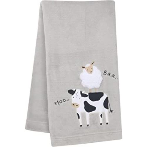 Lambs & Ivy Baby Farm Cow/Sheep Appliqued Gray Luxury Fleece Baby Blanket