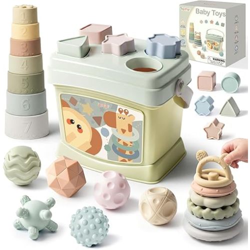 Baby Toys 6-12 Months, Montessori Toys for Babies, Shape Sorter & Stacking Rings & Stacking Cups & Sensory Balls, Teething Toys & Stacking Toys for 6+ Months, Neutral Color Gift for Boys Girls