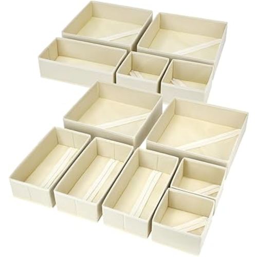 DIMJ Drawer Organizer for Clothing, 12 Pack Fabric Drawer Organizer Bins, Foldable Sock Organizer for Drawer, Dresser Organizer for Clothes, Socks, Bra, Tie (Beige)