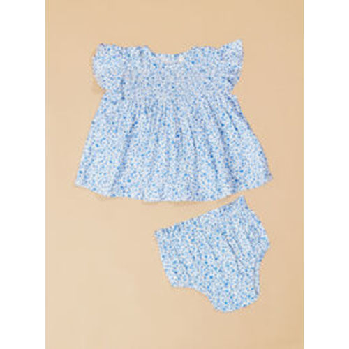 Gracie Floral Smocked Dress in Ivory & Blue | Tullabee
