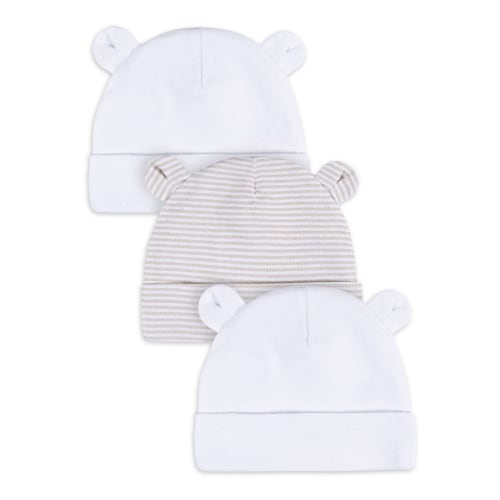 Gerber Baby Boy or Girl Unisex White Beanie Cotton Caps, 3-Pack, Sizes Newborn - 0/6 Months