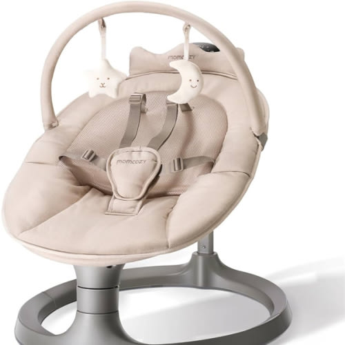 Momcozy 2-in-1 Electric Baby Swing, Dual-Arm Support System & Parent-Inspired Motions, Convertible to Toddler Seat up to 66 lbs, Adjustable Height, Lightweight, Khaki