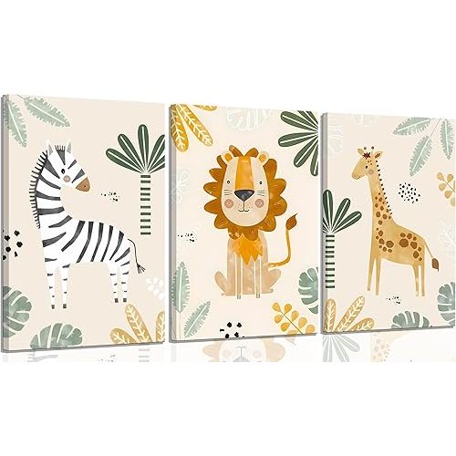 3Pcs Framed Safari Animals Canvas Wall Art Inspirational Animal Lion Giraffe Zebra Poster Print Jungle animal Painting Picture Wall Decor for Nursery Baby Children's Room Bedroom Home Decoration