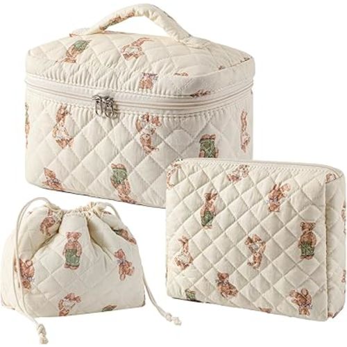 uekeboag 2 pcs Large Floral Quilted Makeup Bag Set for Women, Cotton Quilted Big Cosmetic Bag, Coquette Aesthetic Cute Travel Toiletry Bag