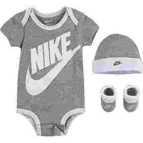 Nike 3 pc Infant Layette Set Bodysuit, Hat, Booties in Grey/White, 6-12 Months