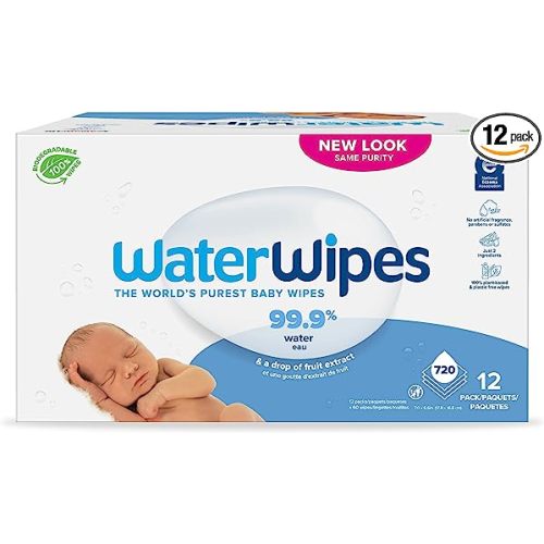 WaterWipes Plastic-Free Original Baby Wipes, 99.9% Water Based Wipes, Unscented & Hypoallergenic for Sensitive Skin, 720 Count (12 packs), Packaging May Vary - 60 Count (Pack of 12)