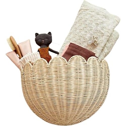Scalloped Wall Basket | Scalloped Hanging Wicker Baskets for Wall | Handmade Scalloped Woven Rattan Basket | Front Door Baskets Home Decor Storage for Entryway, Living Room