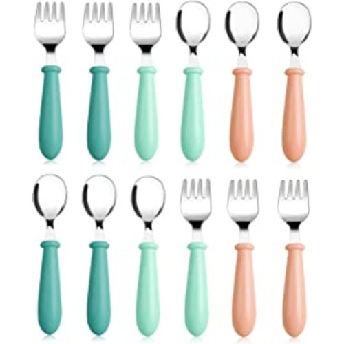 12 Pieces Toddler Utensils Toddler Forks and Spoons, Kids Silverware Stainless Steel Childrens Safe Cutlery Set for Self Feeding, Dishwasher Safe - glass green/mint green/coral orange