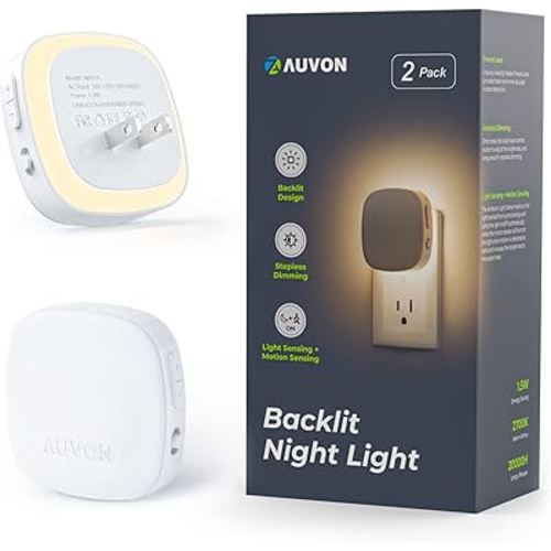 AUVON Plug-in LED Backlit Night Light with Motion Sensor & Dusk to Dawn Sensor, Dimmable Warm White Nightlight with 1-50 lm Adjustable Brightness for Bathroom, Bedroom, Hallway, Stairs (2 Pack)