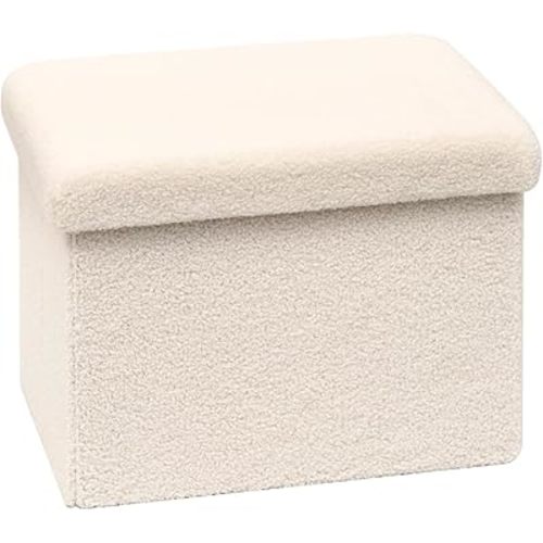B FSOBEIIALEO Storage Ottoman Cube Small Sherpa Ottoman Foot Rest, Foldable Portable Boucle Ottomans, Faux Teddy Fur, Cream White 16.5"x12.6"x12.6"