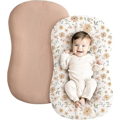 Konssy Muslin Baby Lounger Cover 2 Pack, 100% Cotton Newborn Lounger Cover, Soft and Breathable Lounger Slipcover for Boys Girls, Covers Only (Peach, Flowers)